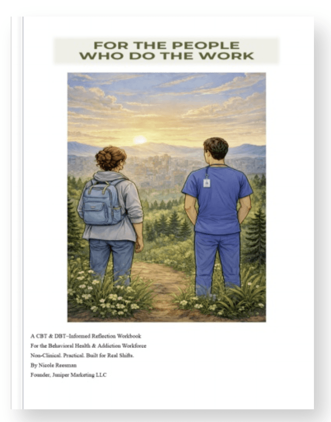 Healthcare workers overlook a city sunrise on a workbook titled "For the People Who Do the Work".