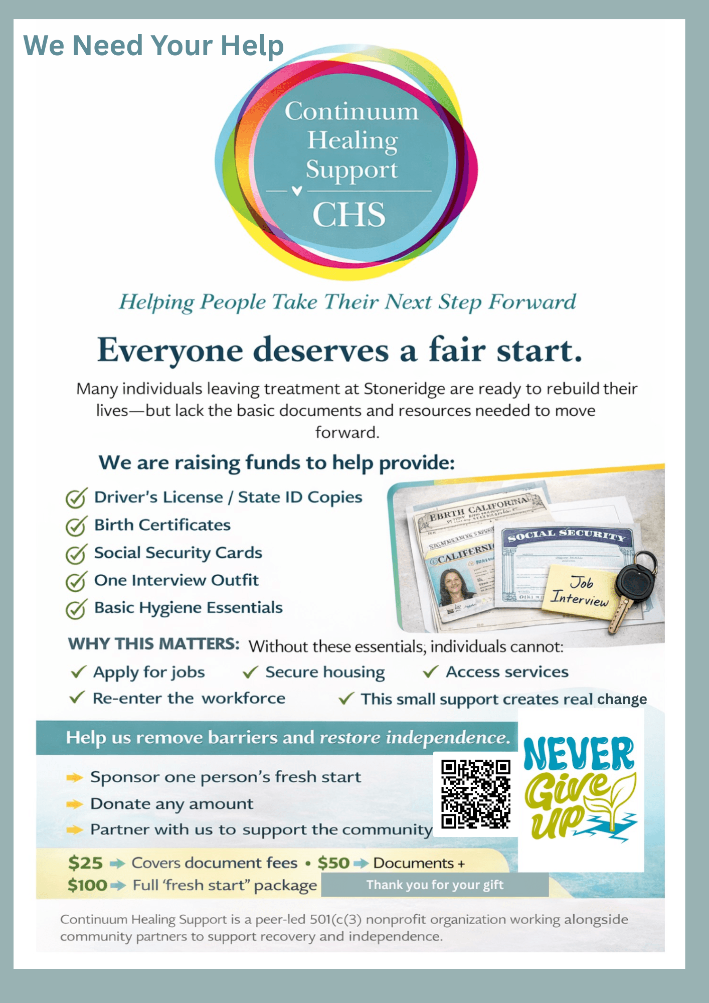 Fundraising flyer for Continuum Healing Support providing essential documents and resources for individuals in recovery.