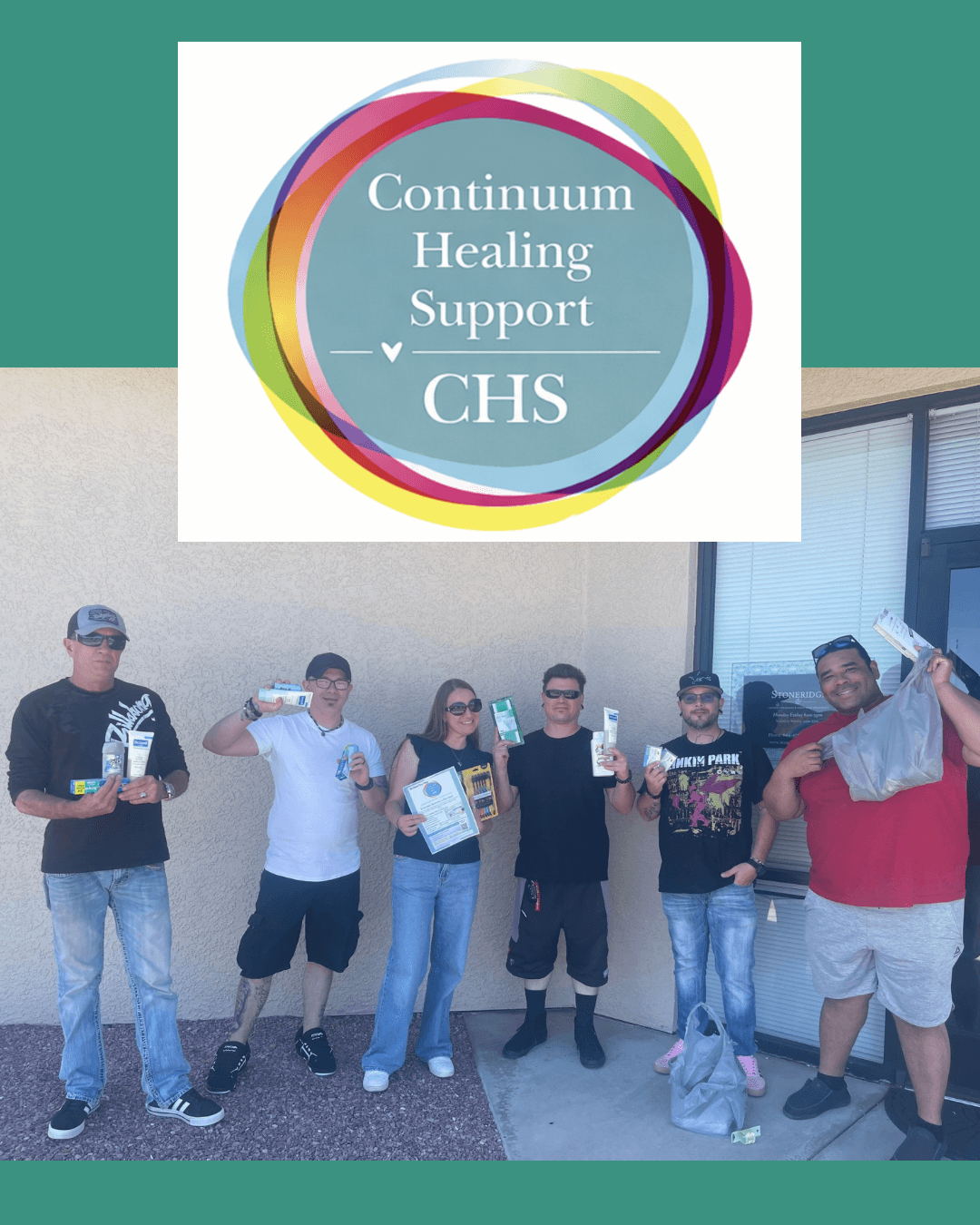 Continuum Healing Support logo above six people holding donated hygiene products outside a building.